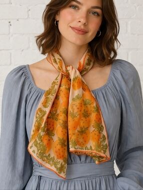 Vtg 1960s Vera Neumann Verasheer Silk Blend Orange Strawberries Long Scarf